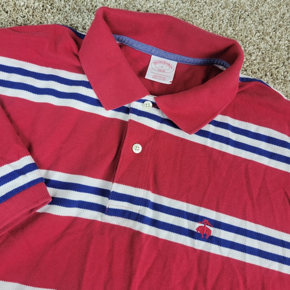 Brooks Brothers Performance Polo Mens Large Red White‎ Blue Striped Stretch Knit